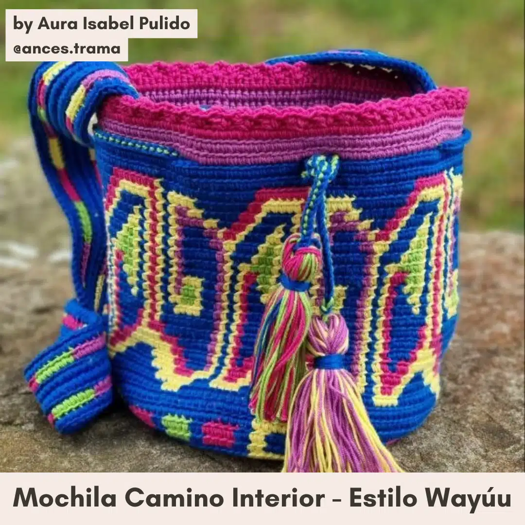 Mochila Camino Interior tejida a crochet e inspirada en las tradicionales mochilas Wayúu colombianas